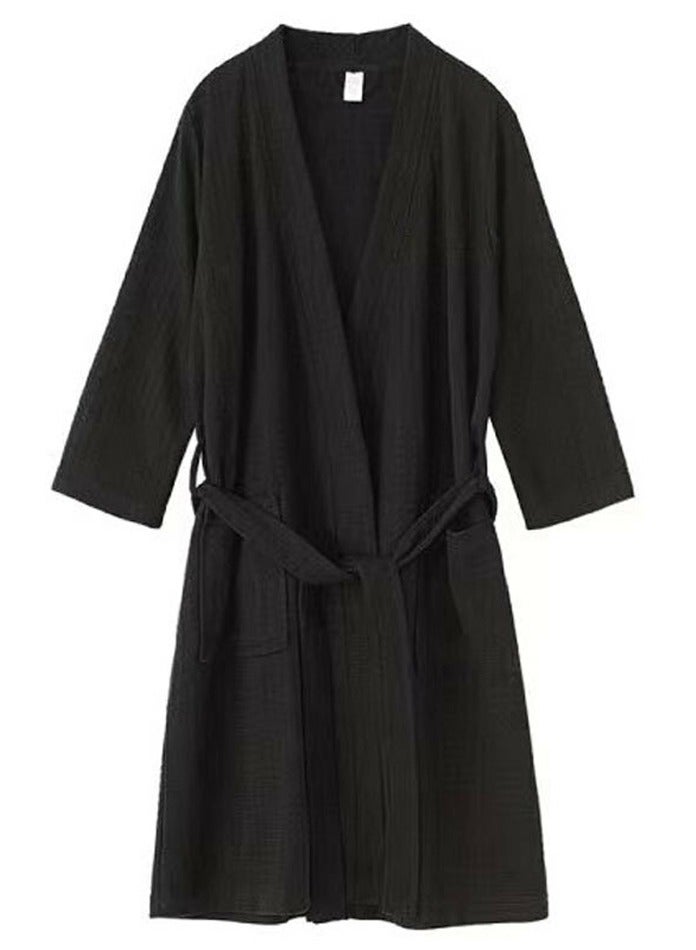 Unisex Lightweight Robes Waffle Kimono Bathrobe Soft Fast-Drying Night-Robe Black
