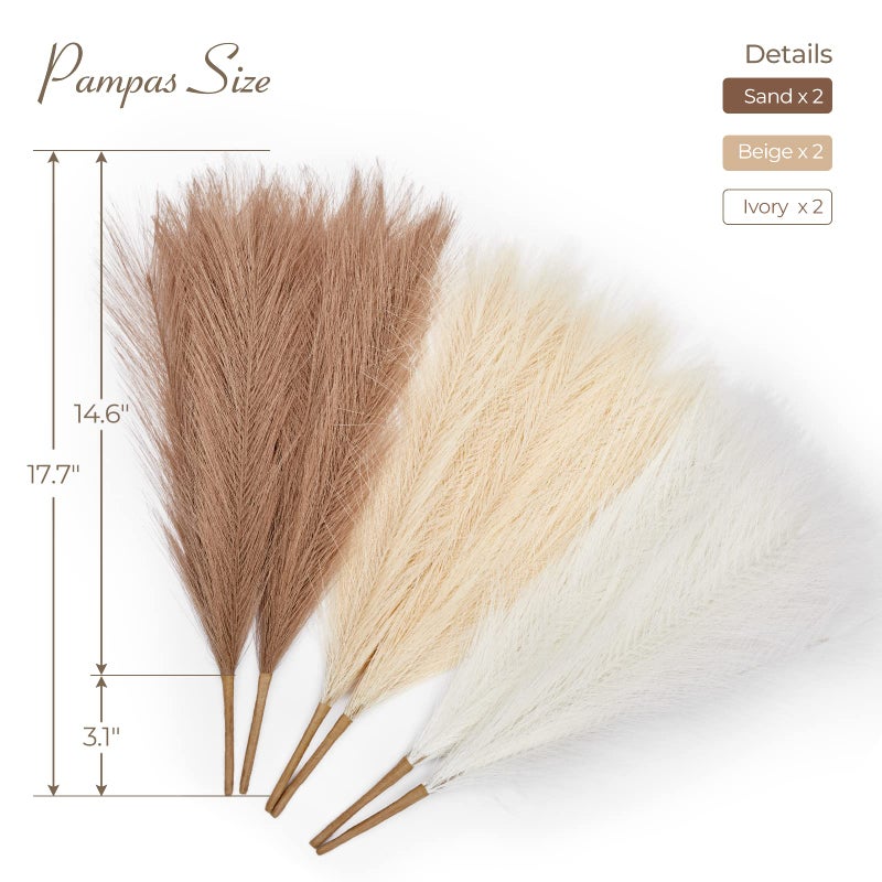 Serwalin Artificial Pampas Grass Decor 17.7 Inch 6pcs Boho Decor, Faux Pampas Grass Living Room Party Home Decor, Natural Small Fake Pampas Grass Vase Filler Centerpieces Arch Decor - Image 5