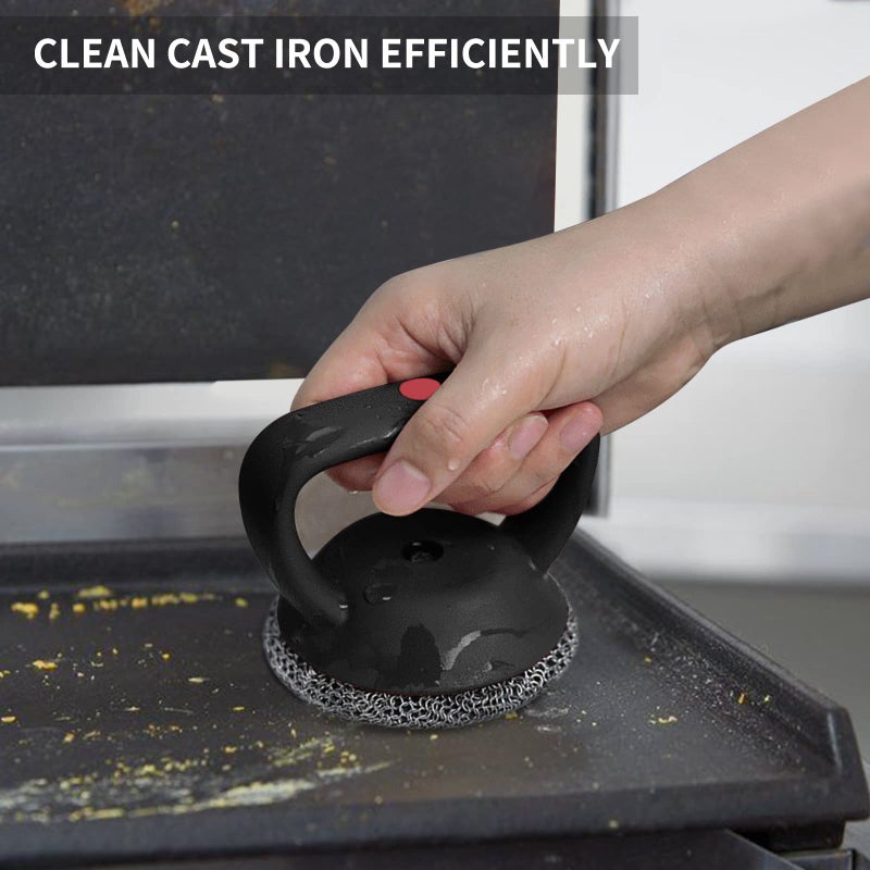 Herda Cast Iron Cleaner Scrubber+Tray with Handle, Welded Chainmail Scrubber for Pan Pot Grill Oven Wok Cleaning- Small Ring Chain Scrub Metal Scraper Brush Iron Skillet Steel Wool Scrubber Steel Sponge - Image 2