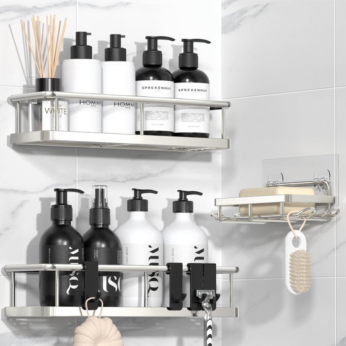 SHOWER CADDY ADHESIVE NO DRILL BATHROOM ORGANIZERS RUST PROOF SHOWER SHELVES WALLMOUNTED SHOWER HOLDER SILVER 3 PACK