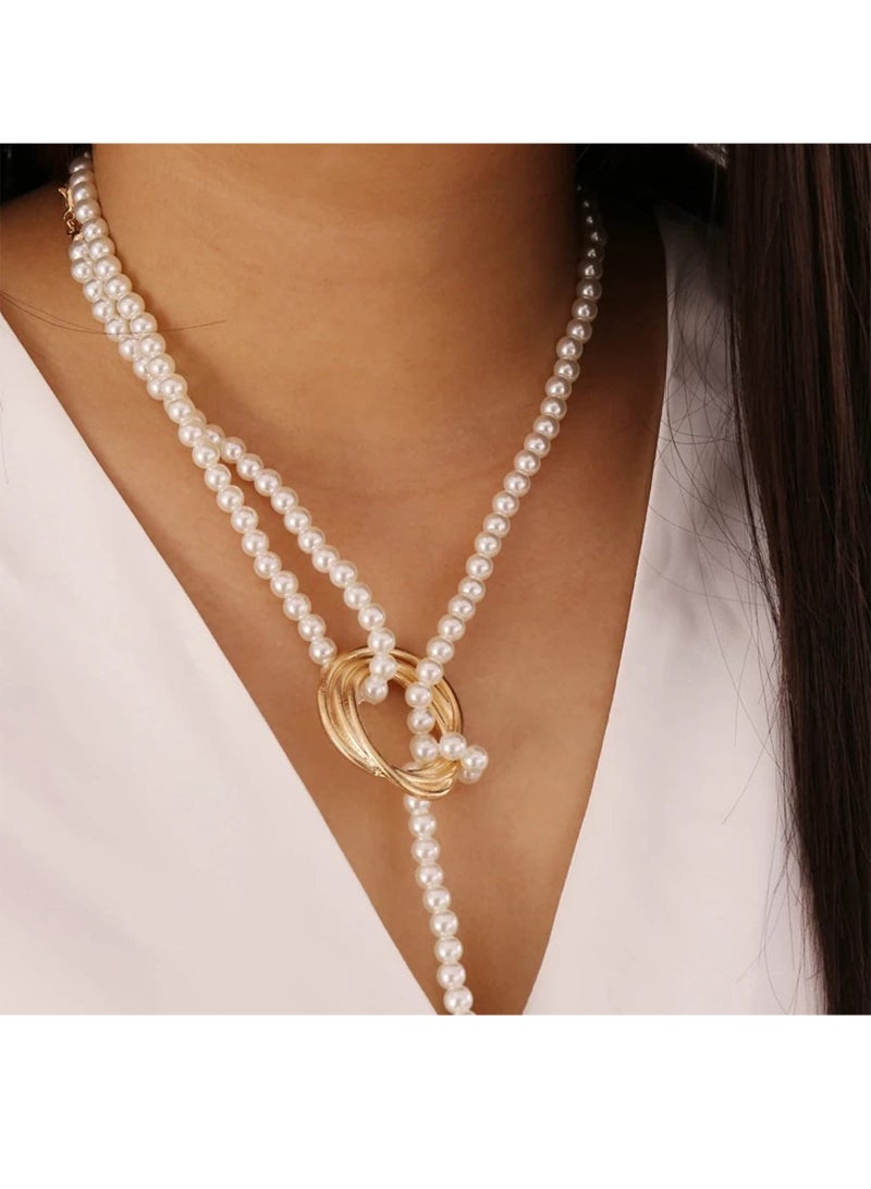 SYOSI Long Pearl Necklaces, Costume Jewellery for Women, Retro Metal Pearl Necklace Elegant Lady White Artificial Pearls Long Sweater Chain Beaded Necklace, 31In Faux Pearls Art Fashion Lovely - Image 3