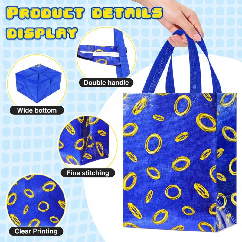 Locmeo 24 Pcs Gold Rings Gift Bags with Handles 8 x 4 x 10 Inch Blue Hedgehog Cartoon Non Woven Bags Video Game Party Favors for Gamer's Party Decorations Birthday Gifts Snack Supplies (Classic) - Image 4