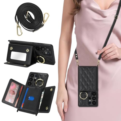 DEYHU for Galaxy S25 Ultra Case with Card Holder and Strap for Women,Crossbody Lanyard, Make Up Mirror,Ring Stand,Snap Clasp,Cute Phone Wallet Cases 6.9 inch - Black - Image 1