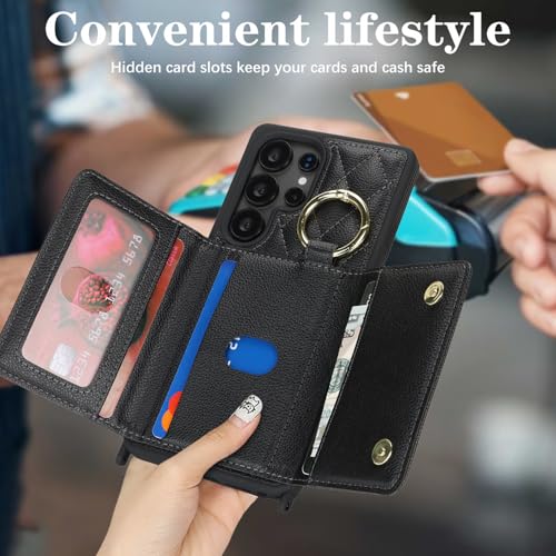 DEYHU for Galaxy S25 Ultra Case with Card Holder and Strap for Women,Crossbody Lanyard, Make Up Mirror,Ring Stand,Snap Clasp,Cute Phone Wallet Cases 6.9 inch - Black - Image 3