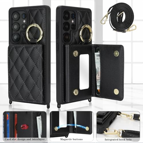 DEYHU for Galaxy S25 Ultra Case with Card Holder and Strap for Women,Crossbody Lanyard, Make Up Mirror,Ring Stand,Snap Clasp,Cute Phone Wallet Cases 6.9 inch - Black - Image 2