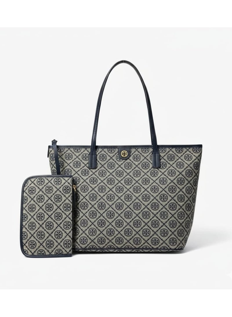 Burch Tory Burch The Totebag T monogram canvas BLUE with zipper pouch size 45 cm