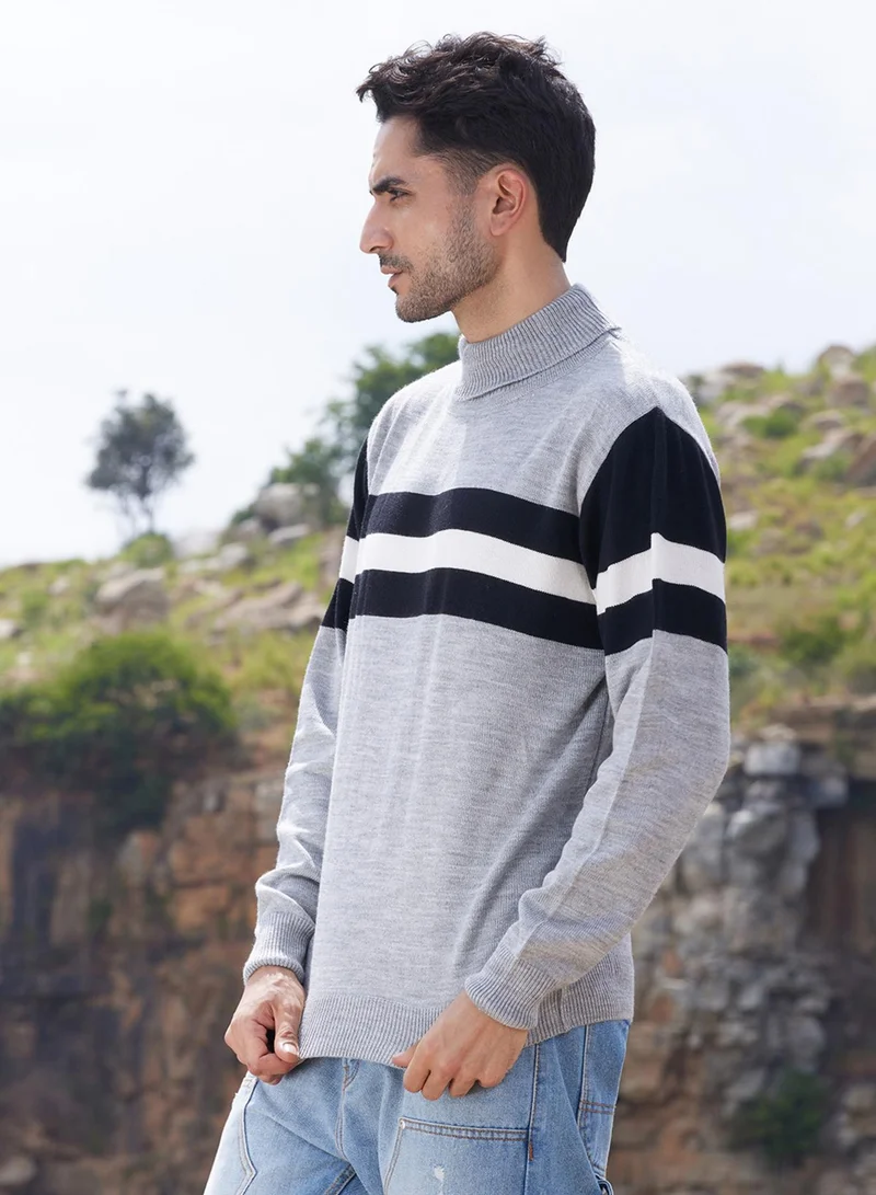 Campus Sutra Men's Light Grey Relaxed Horizontal Striped Pullover Sweater