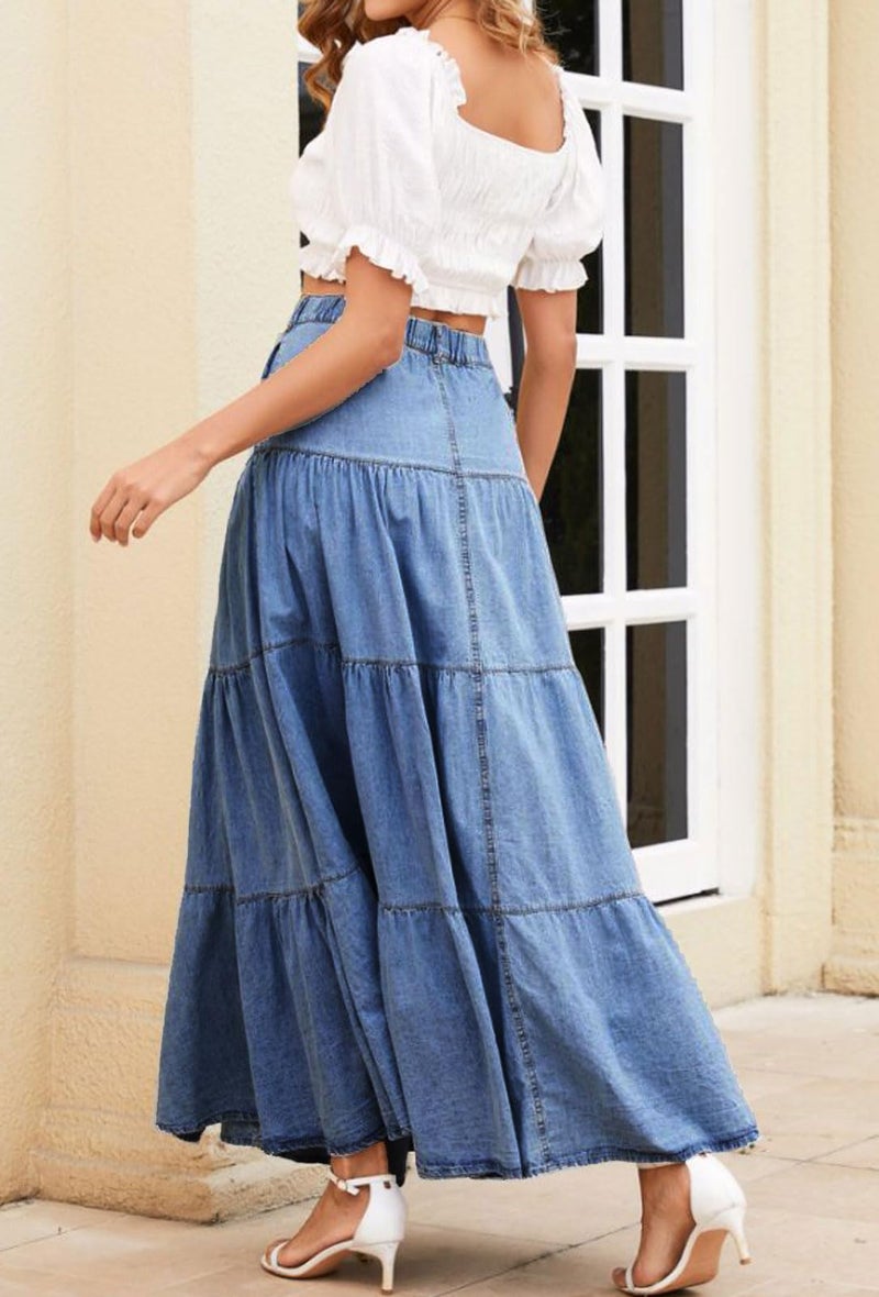 loveimgs Women Western Elastic High Waisted A Line Long Denim Skirt Button Ruffle Tiered Jean Maxi Skirt Patchwork Pocket Y2k (X-Large,Blue) - Image 5