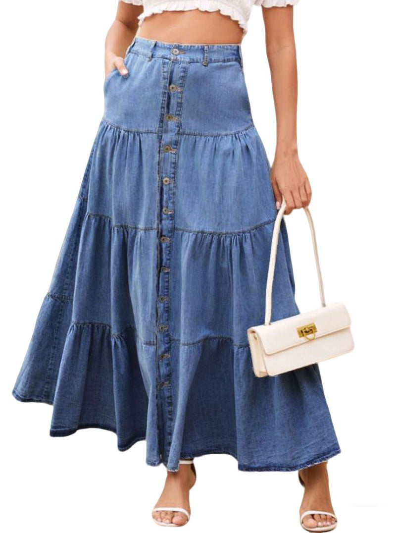loveimgs Women Western Elastic High Waisted A Line Long Denim Skirt Button Ruffle Tiered Jean Maxi Skirt Patchwork Pocket Y2k (X-Large,Blue) - Image 1