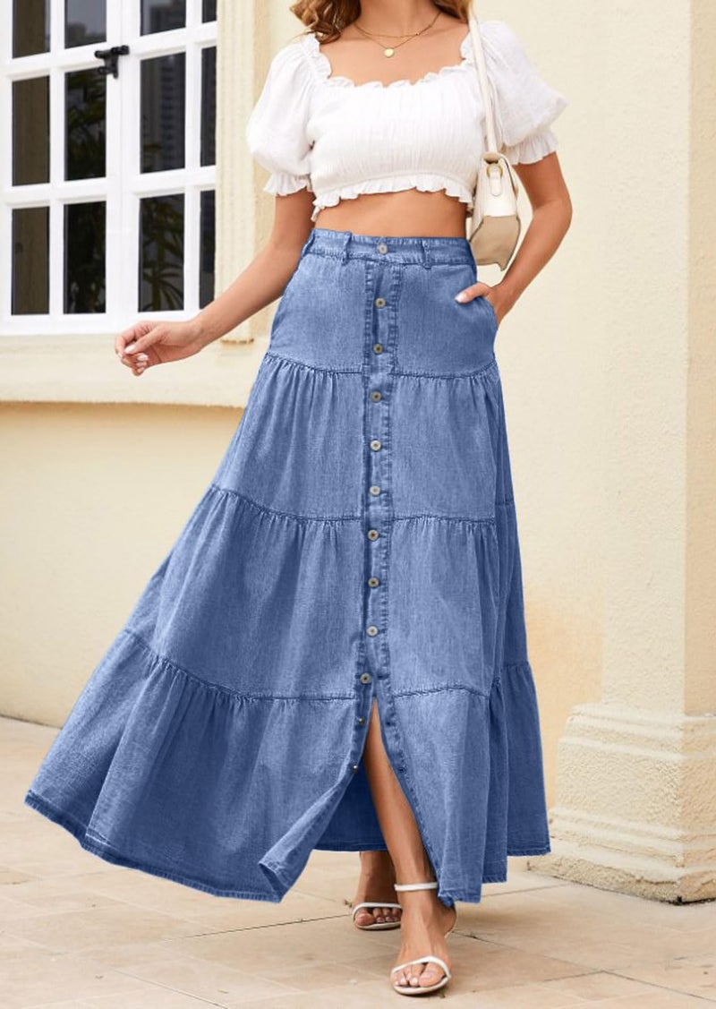 loveimgs Women Western Elastic High Waisted A Line Long Denim Skirt Button Ruffle Tiered Jean Maxi Skirt Patchwork Pocket Y2k (X-Large,Blue) - Image 4