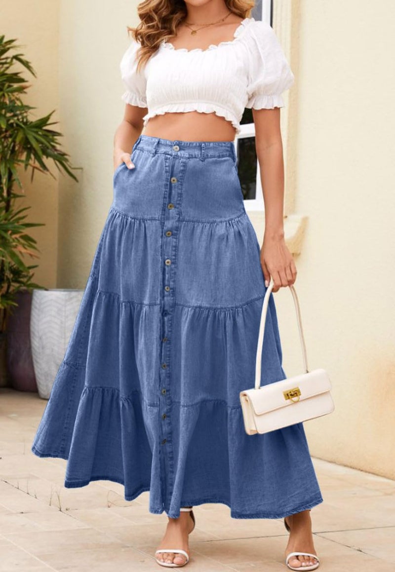 loveimgs Women Western Elastic High Waisted A Line Long Denim Skirt Button Ruffle Tiered Jean Maxi Skirt Patchwork Pocket Y2k (X-Large,Blue) - Image 2