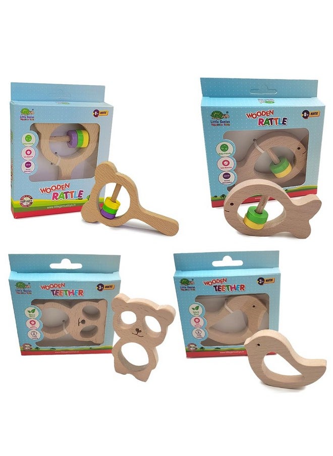 Little Genius Little Genius Wooden Bear Rattle+ Fish Rattle+ Panda Teether+ Bird Teether (Natural Finish Color) | 06 Months Baby Toys Rattle Set of 4 | New Born Baby Toys 