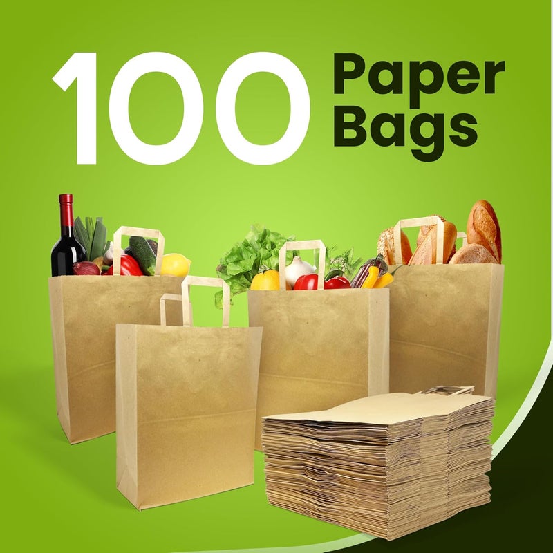 Reli. . Paper Grocery Bags w/Handles (100 Pcs, Bulk)(12"x7"x14") Large Paper Grocery Bags with Handles - Heavy Duty 57 Lbs Basis - Shopping, Takeout/To Go, Retail (Brown/Kraft) - Image 2