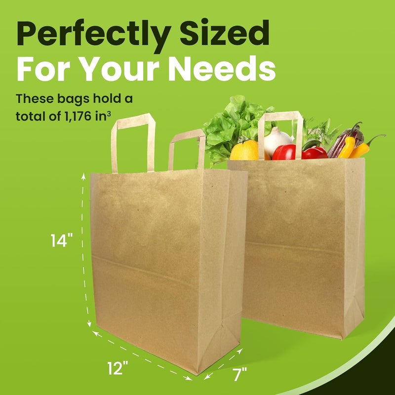 Reli. . Paper Grocery Bags w/Handles (100 Pcs, Bulk)(12"x7"x14") Large Paper Grocery Bags with Handles - Heavy Duty 57 Lbs Basis - Shopping, Takeout/To Go, Retail (Brown/Kraft) - Image 3