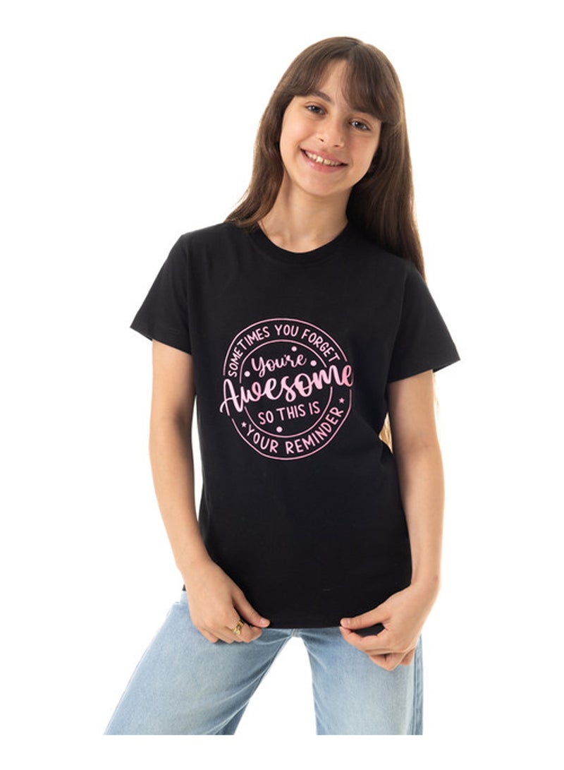 Andora Printed Slip On Cotton Girls T-Shirt - Black - Image 1
