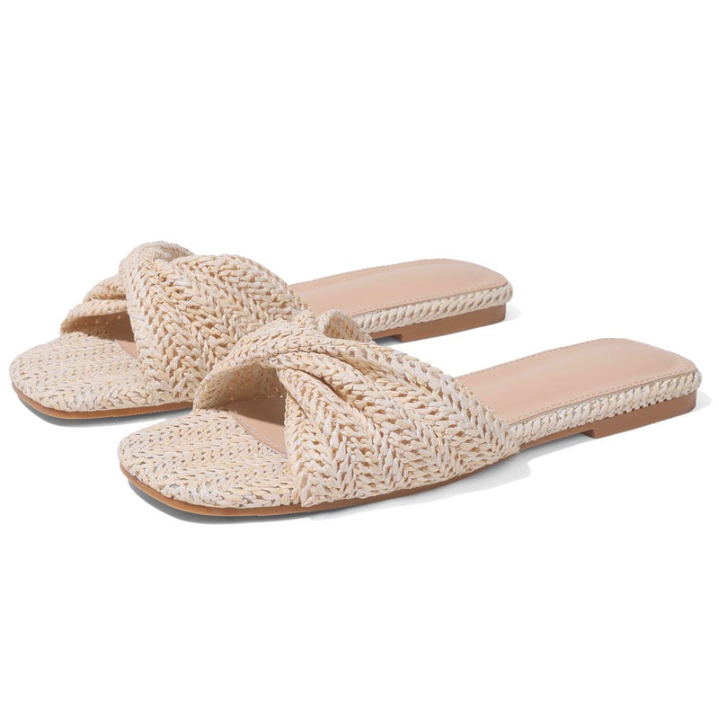 EQAUDES Women Flats Sandals Dressy Straw Woven Open toe Slip-on Slides - Summer, Espadrille, Vacation, Wedding, Casual - Image 1