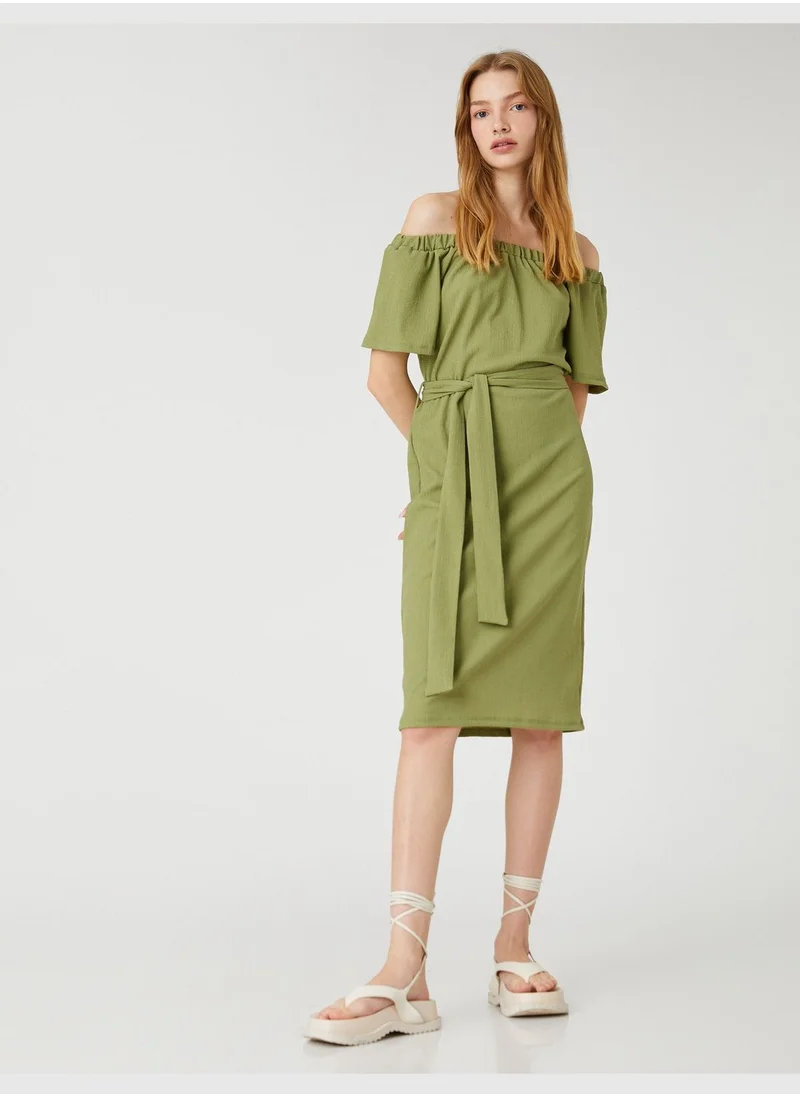 KOTON Tissued Belted Off Shoulder Midi Dress