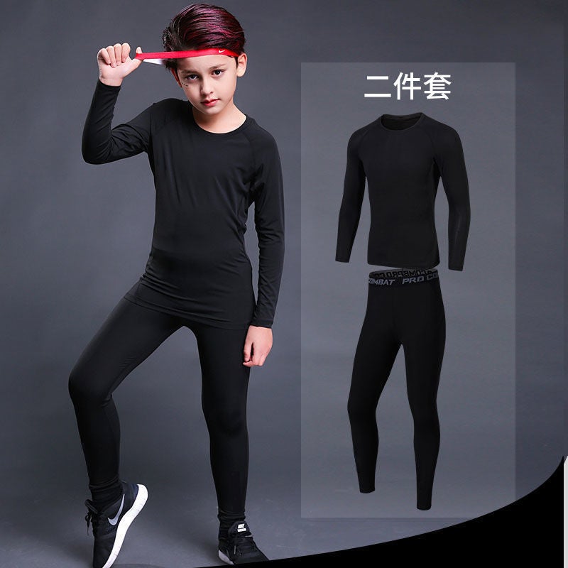 Childrens Sports Tights Long-sleeved Pants Set Outdoor Training Running Basketball Two-piece Sports Set Black two-piece