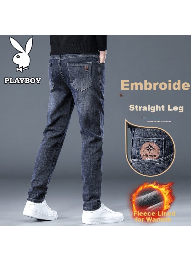 Playboy Men's Autumn Winter Business Casual Fleece-lined Stretch Straight-leg Jeans Haze Blue 40 - Image 1