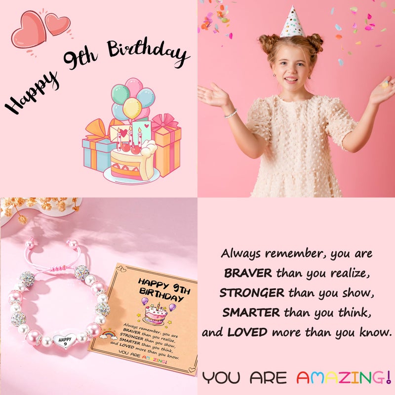 Esrial Happy 9 Year Old Birthday Gifts for Girls, Adjustable Pink Pearl Heart Beaded Bracelet for Daughter Granddaughter Niece Birthday Christmas Gifts - Image 3