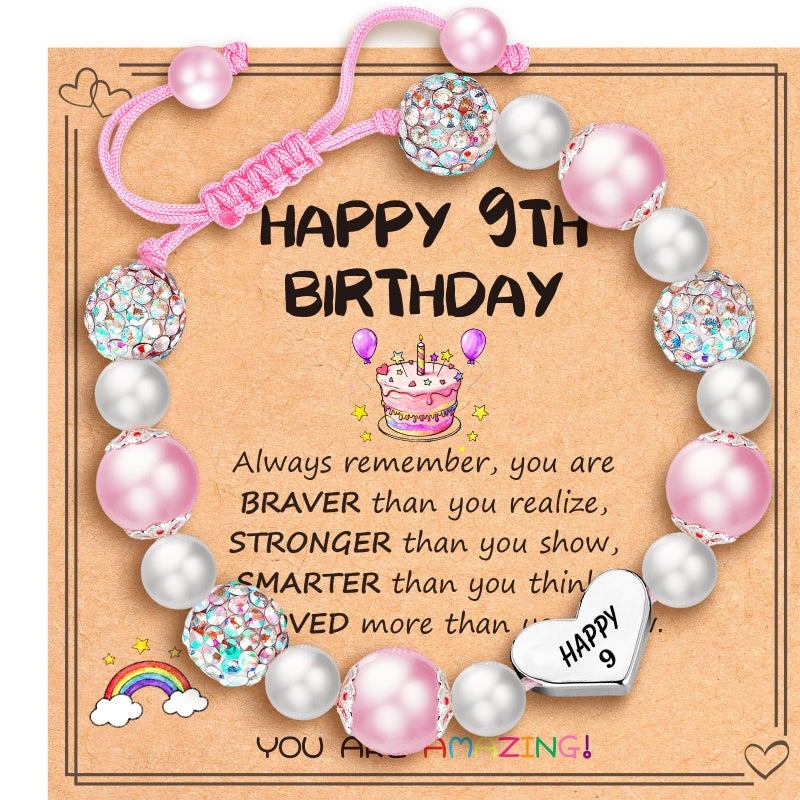 Esrial Happy 9 Year Old Birthday Gifts for Girls, Adjustable Pink Pearl Heart Beaded Bracelet for Daughter Granddaughter Niece Birthday Christmas Gifts - Image 1
