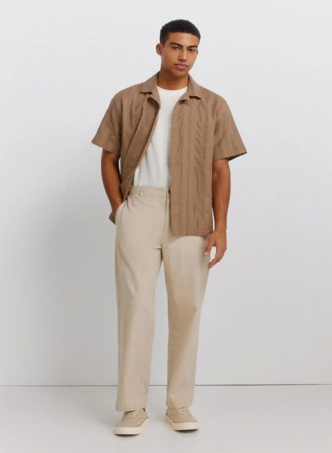 Springfield  1% cotton jacquard regular fit short sleeve bowling collar coconut button shirt for Men | Best Price UAE