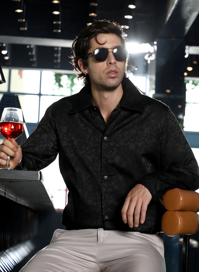 Campus Sutra Men Bloom-Jacquard Bomber Jacket | Point Collar, Long Button-Cuff Sleeves | Snap Button , Stretch-Straight Hem | Floral Jacquard | Woven Fabric For Casual & Daily Wear | Onyx Black