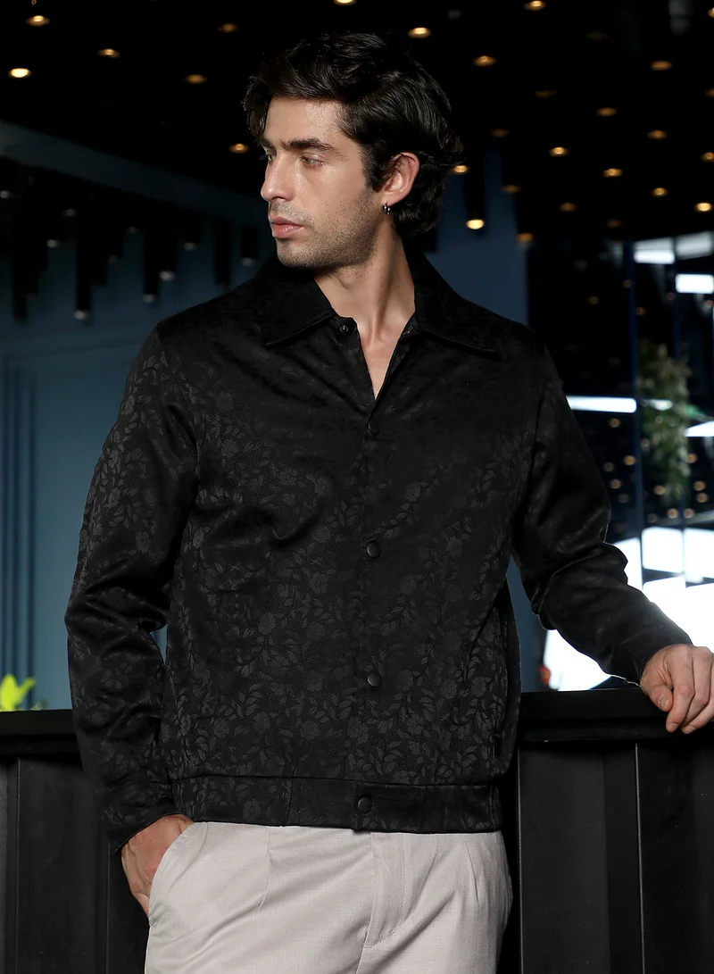 Campus Sutra Men Bloom-Jacquard Bomber Jacket | Point Collar, Long Button-Cuff Sleeves | Snap Button , Stretch-Straight Hem | Floral Jacquard | Woven Fabric For Casual & Daily Wear | Onyx Black