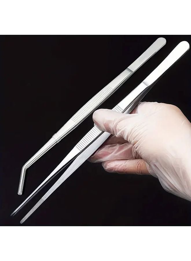 2pcs 11 81 Inch Stainless Steel Tweezers Straight and Bent for Gardening Pet Care - Image 1