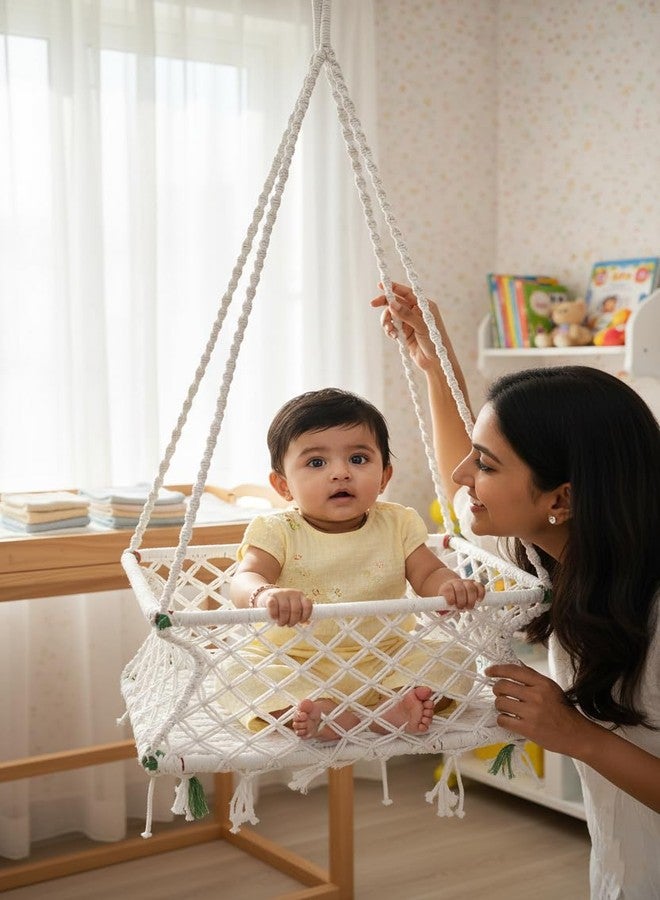 Patiofy Baby Swing Chair for Supervised Use | Handcrafted Rope Swing with Wooden Frame | Weight Capacity up to 10 kg | Age 6 Months to 2 Years | Indoor Use | Adjustable Design with Safety | White - Image 2