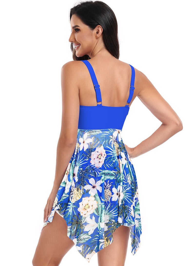 Womens 2 Peice Set Swimsuits Wide Straps Slip Swim Dress And Boxer Brief Bottom Swimwear Bathing Suits Blue Floral Print  - Image 2