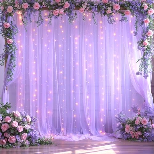 Suppromo 10ft x 10ft Lavender Tulle Photo Backdrop Curtain with Lights String for Parties Wedding Bridal Shower Sheer Lavender Curtain Backdrop for Birthday Baby Shower Photo Booth Photography - Image 1