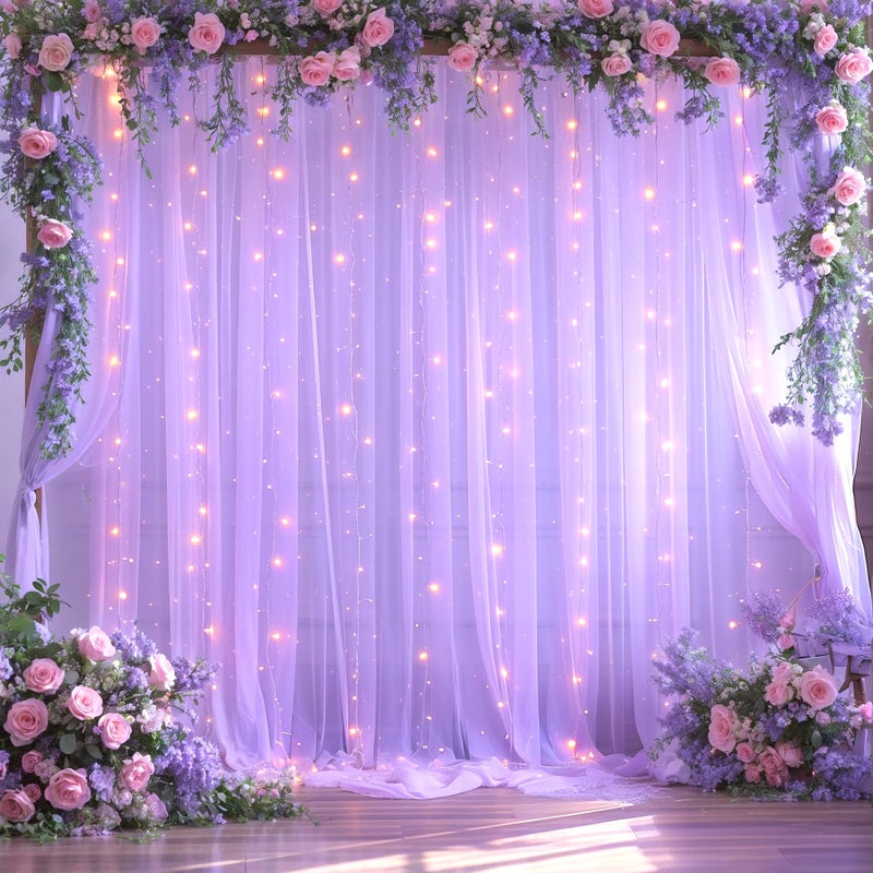 Suppromo 10ft x 10ft Lavender Tulle Photo Backdrop Curtain with Lights String for Parties Wedding Bridal Shower Sheer Lavender Curtain Backdrop for Birthday Baby Shower Photo Booth Photography - Image 2