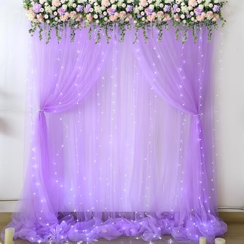 Suppromo 10ft x 10ft Lavender Tulle Photo Backdrop Curtain with Lights String for Parties Wedding Bridal Shower Sheer Lavender Curtain Backdrop for Birthday Baby Shower Photo Booth Photography - Image 3