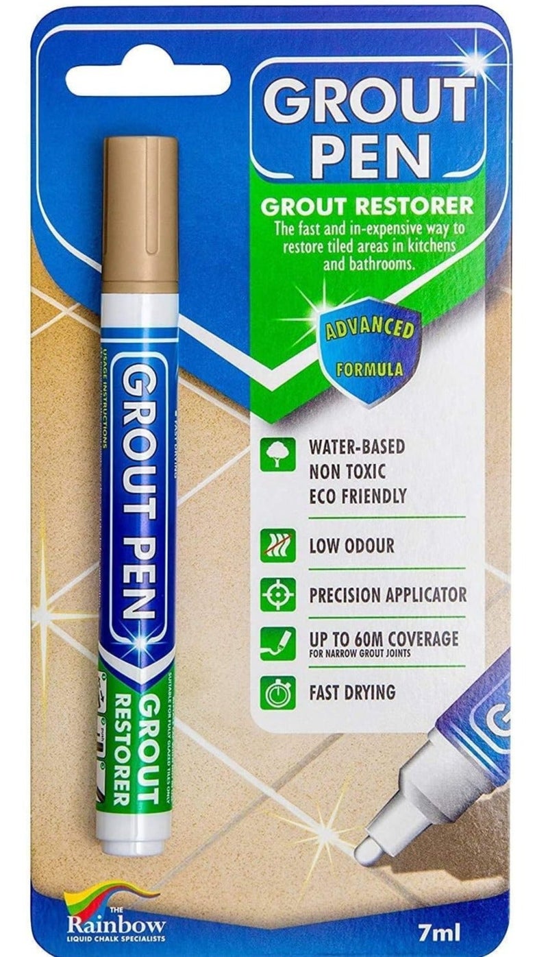 Rainbow Chalk Markers Limited قلم تجديد الفواصل البيج رينبو 5 مم للبلاط – قلم إصلاح وتلوين الفواصل مقاوم للماء والعفن لتجديد فواصل بلاط الحمام والمطبخ والأرضيات والجدران بلون بيج - Image 1