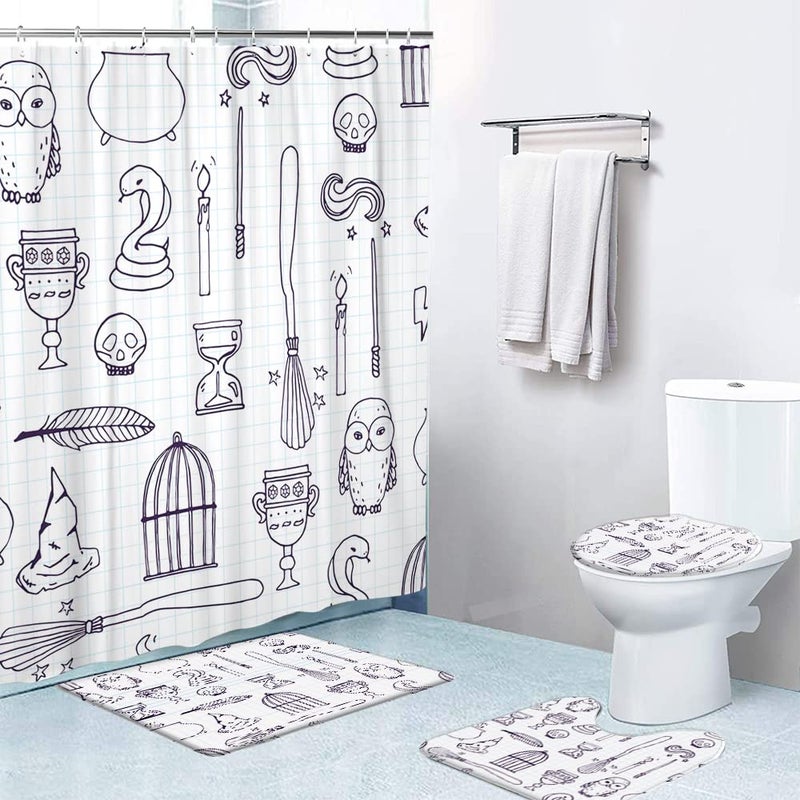 LOKMU LOKMU 4 Pcs Shower Curtain Sets with NonSlip Rugs Toilet Lid Cover and Bath MatWitch Birdcage Magic Books Owl Wand Broom Waterproof Shower Curtain with 12 Hooks Bathroom Decor Sets 72 x 72 