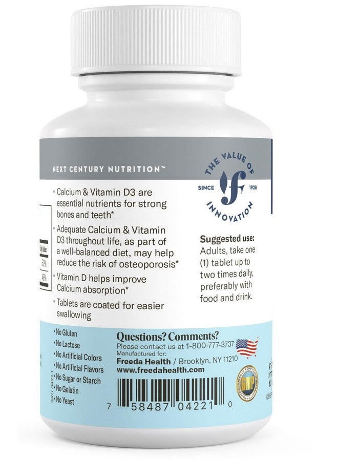 FREEDA Calcium 600 mg with Vitamin D3 400 IU - Essential Bone Support Supplement - Kosher, Gluten-Free, Easy-to-Swallow Coated Tablets for Women & Men (100 Ct) - Image 3