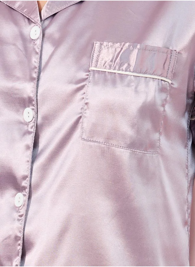 Styli PIPED SATIN POCKET BUTTON THRU SHIRT and SHORT SET