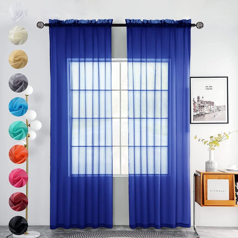 youleyar Solid Sheer Rod Pocket Curtain Voile Draperies 2 Panels White Beige Black Grey Coffee 52 Inch Width 63 Inch Long 1 Pair for Kitchen Bedroom Children Living Room Yard (Sapphire,52Wï½˜63L) - Image 1
