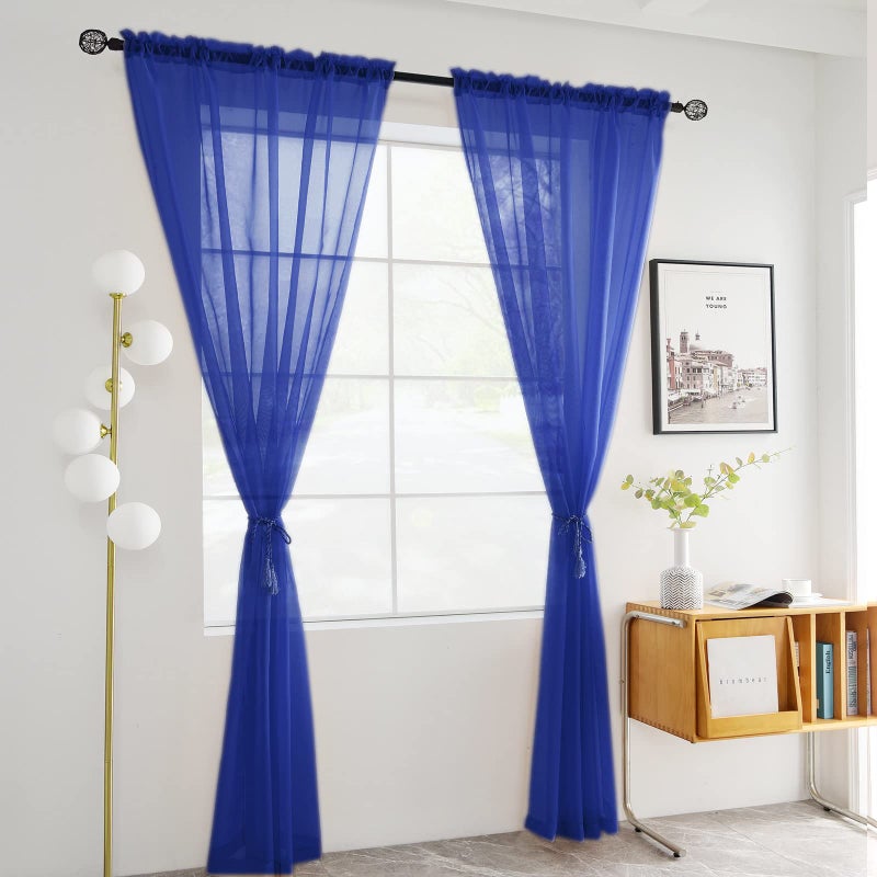 youleyar Solid Sheer Rod Pocket Curtain Voile Draperies 2 Panels White Beige Black Grey Coffee 52 Inch Width 63 Inch Long 1 Pair for Kitchen Bedroom Children Living Room Yard (Sapphire,52Wï½˜63L) - Image 2