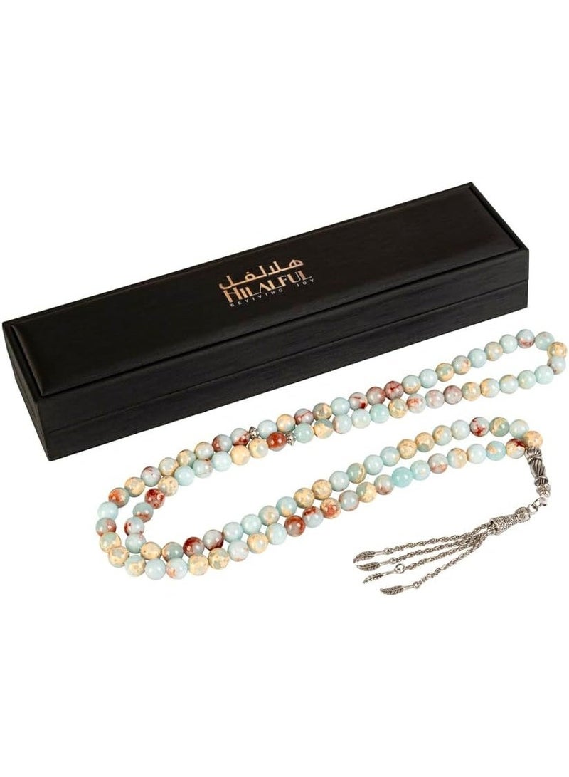 Hilalful Islamic Prayer Beads Blue Jasper Zinc Alloy 33 Beads | Tasbih Misbaha Dhikr Rosary Unisex Adults | Eid Ramadan Hajj Umrah Gift Prayer Accessories - Image 2