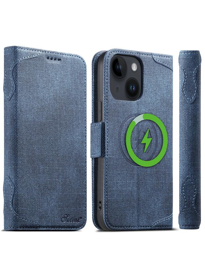 Suteni Case For iPhone 14 Plus J07 Multi-functional Horizontal MagSafe Denim Leather Phone Case - Image 1