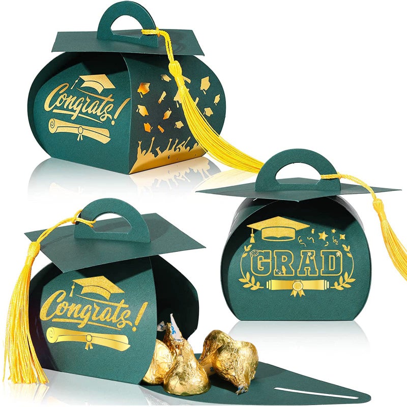 Spakon 30 Pcs Graduation Cap Gift Box Graduation Party Favors Candy Boxes Treat Box with Tassel Table Centerpieces Class of 2025 Grad DecorationsGreen Gold