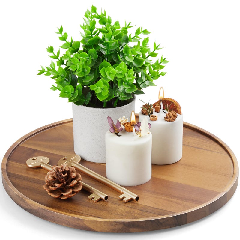 CMLKLZD 12 Inch Round Wood Tray, Acacia Wooden Serving Tray Decorative Tray Coffee Table Tray Centerpiece Candle Holder for Farmhouse Kitchen Dining Room Home Decor Coffee Table Decor and Accessories - Image 1