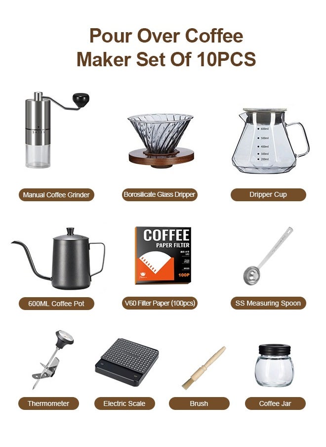 PAKCHOICE V60 Pour Over Coffee Maker Set 10-Pieces Luxury Portable Pro Coffee Tool Kit with Coffee Grinder, Coffee Kettle, Coffee Pot, Filters, Electric Scale For Home Cafe Travel and Gifts  - Image 2