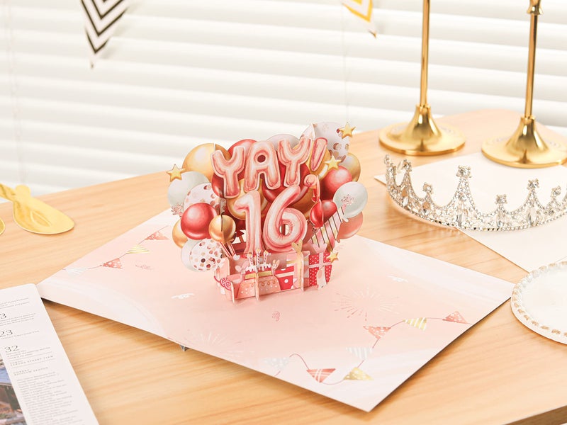 Liif Happy 16th Birthday Card For Girl, Daughter, Granddaughter, Niece, Sweet sixteen, 16 Years Old Birthday Card- Pink, Balloons, Party | With Message Note & Envelop | Size 7 x 5 Inch - Image 2