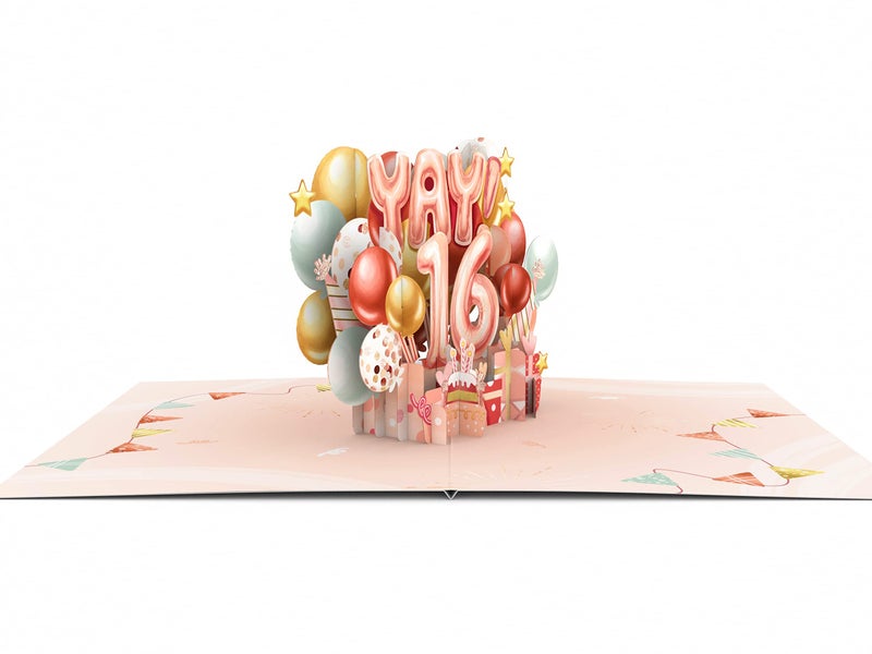 Liif Happy 16th Birthday Card For Girl, Daughter, Granddaughter, Niece, Sweet sixteen, 16 Years Old Birthday Card- Pink, Balloons, Party | With Message Note & Envelop | Size 7 x 5 Inch - Image 4