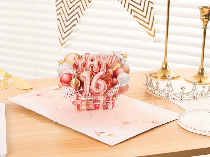 Liif Happy 16th Birthday Card For Girl, Daughter, Granddaughter, Niece, Sweet sixteen, 16 Years Old Birthday Card- Pink, Balloons, Party | With Message Note & Envelop | Size 7 x 5 Inch - Image 5