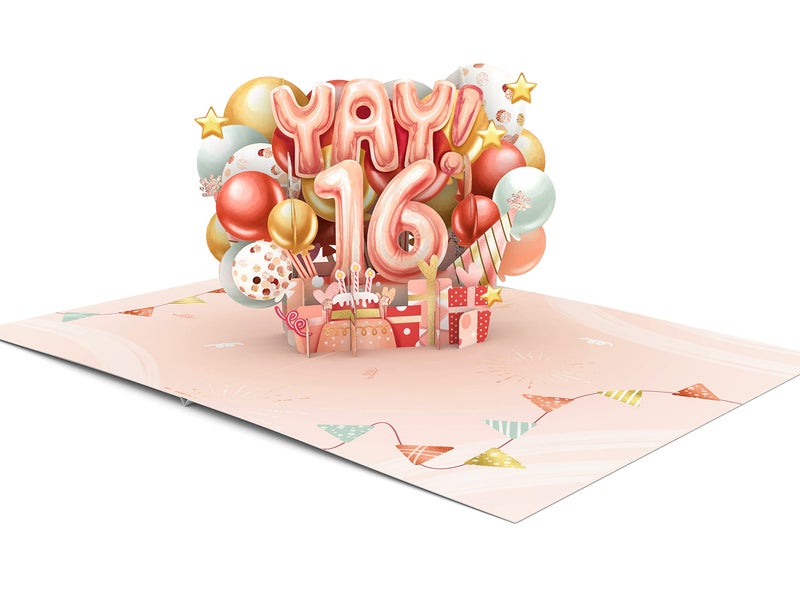 Liif Happy 16th Birthday Card For Girl, Daughter, Granddaughter, Niece, Sweet sixteen, 16 Years Old Birthday Card- Pink, Balloons, Party | With Message Note & Envelop | Size 7 x 5 Inch - Image 3