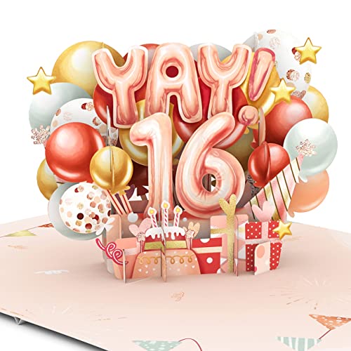 Liif Happy 16th Birthday Card For Girl, Daughter, Granddaughter, Niece, Sweet sixteen, 16 Years Old Birthday Card- Pink, Balloons, Party | With Message Note & Envelop | Size 7 x 5 Inch - Image 1